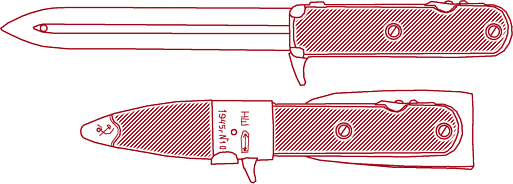 Нож Шилина в рабочем положении и в ножнах