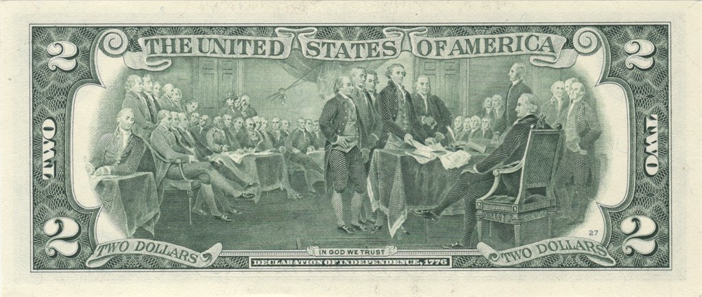 Оборотная сторона банкноты 2 доллара США. Репродукция картины Джона Трамбулла (John Trumbull) «Декларация независимости»