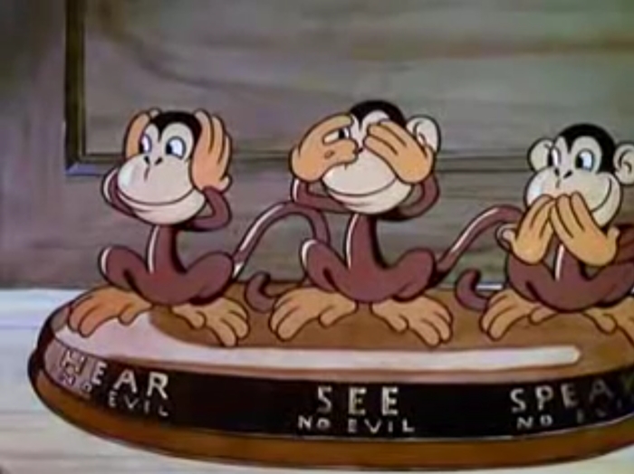 Кадр из мультфильма студии Диснея «The China Shop», 1934 г. Ожившие фарфоровые фигурки трех обезьян
