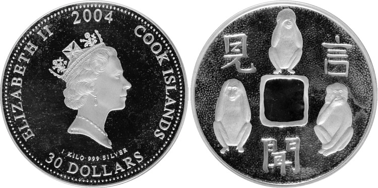 Монета Островов Кука, посвященная трем обезьянам, серебро, 2004 г.