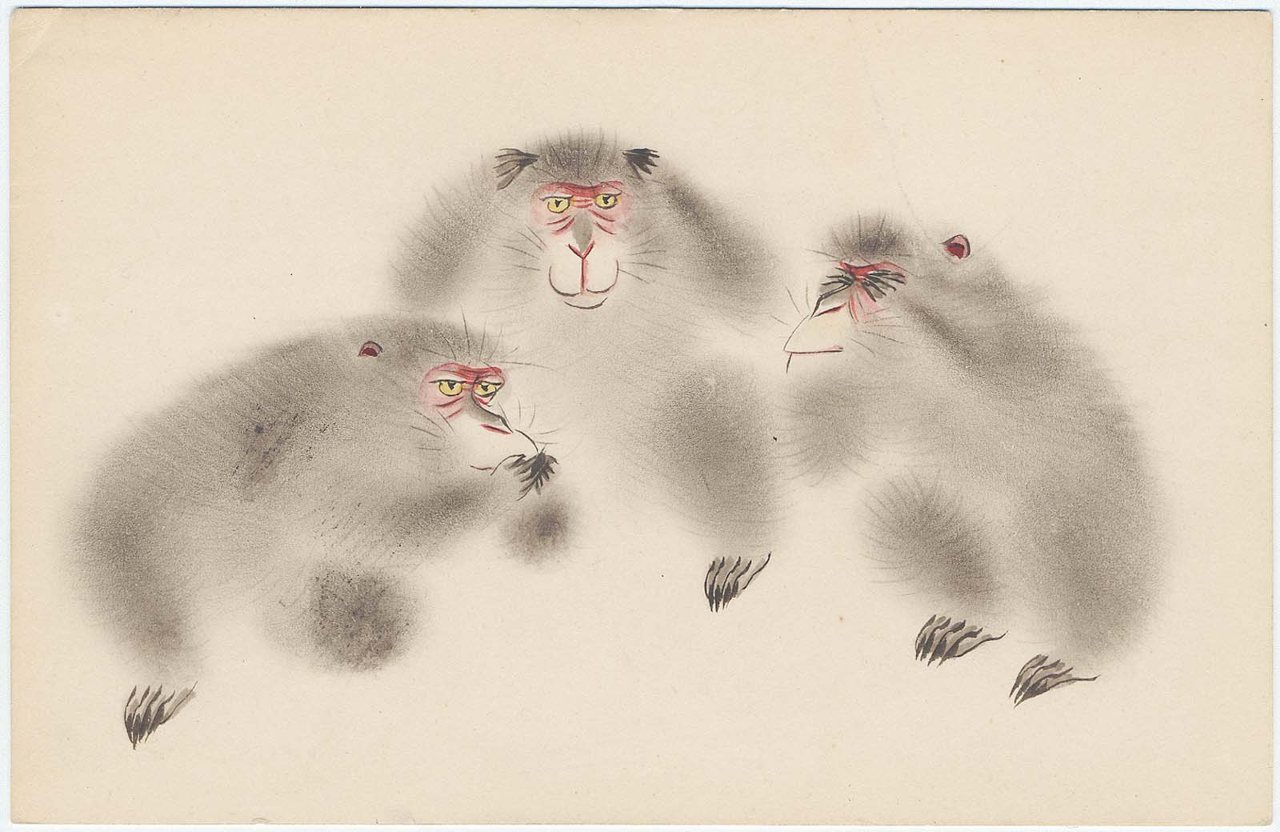 Открытка с изображением трех обезьян, Япония