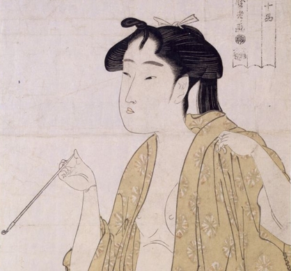 Китагава Утамаро. Женщина, выпускающая трубочный дым. Фрагмент. Гравюра, 1792—1793 г.