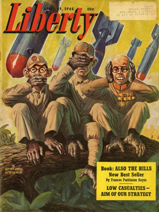 Обложка журнала «Liberty» за 29 апреля 1944 г. Карикатура, изображающая японцев в позах трех обезьян