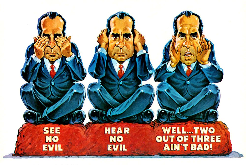 Карикатура из журнала «Mad» (США) №147, декабрь 1971 г. Подписи под фигурами: «Не видит зла», «Не слышит зла», «Что ж... Два из трех — не так уж и плохо!»