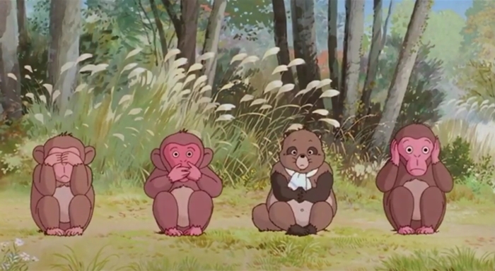 Кадр из мультфильма «Пом-поко: битва тануки в эпоху Хэйсэй». Тануки превращаются в трех обезьян