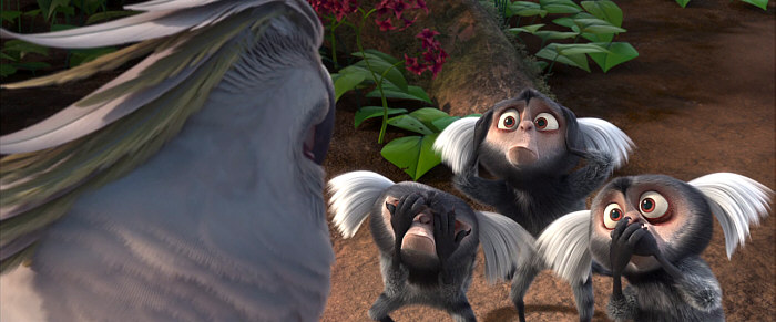 Игрунки в позах трех обезьян перед какаду. Кадр из мультфильма  «Рио»