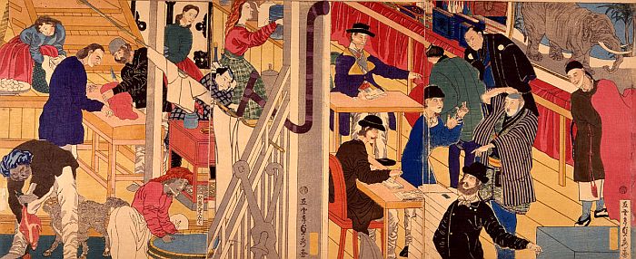 Утагава Садахидэ, «Иностранные торговцы в порту Иокогамы», гравюра, 1861 г.