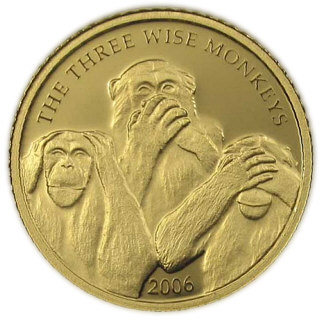 Монета Сомали, посвященная трем обезьянам, золото, 2006 г.