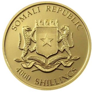 Монета Сомали, посвященная трем обезьянам, золото, 2006 г. Гербовая сторона