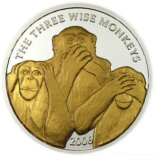 Монета Сомали, посвященная трем обезьянам, серебро, 2006 г.