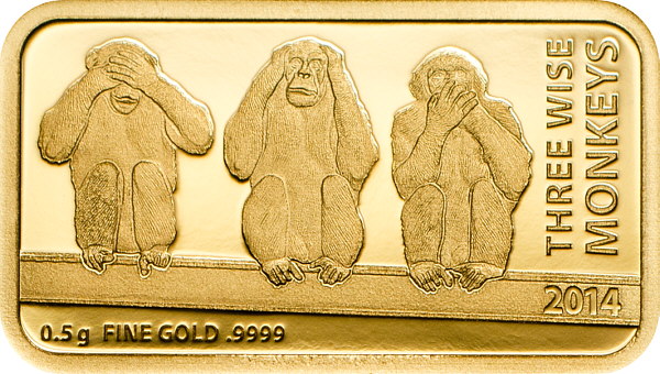 Инвестиционная монета Танзании, посвященная трем обезьянам, золото, 2014 г.