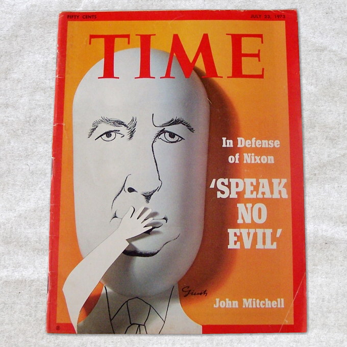 Обложка журнала Time за 23 июля 1973 г. с карикатурным изображением генерального прокурора США Джона Митчелла в позе обезьяны «не говорю»