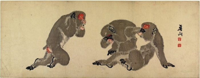 Ёкояма Кадзан. Суримоно «Три обезьяны». Гравюра на дереве. Предположительно 1800—1837 гг.